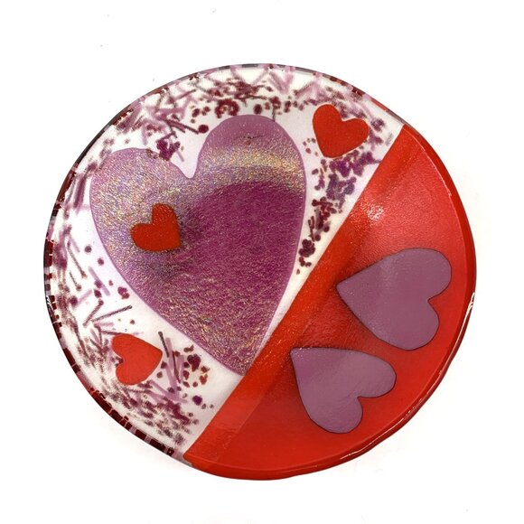 A. Fox Fused Glass Heart Plate Tray 5” Art Glass 1994 Vintage - Picture 1 of 9